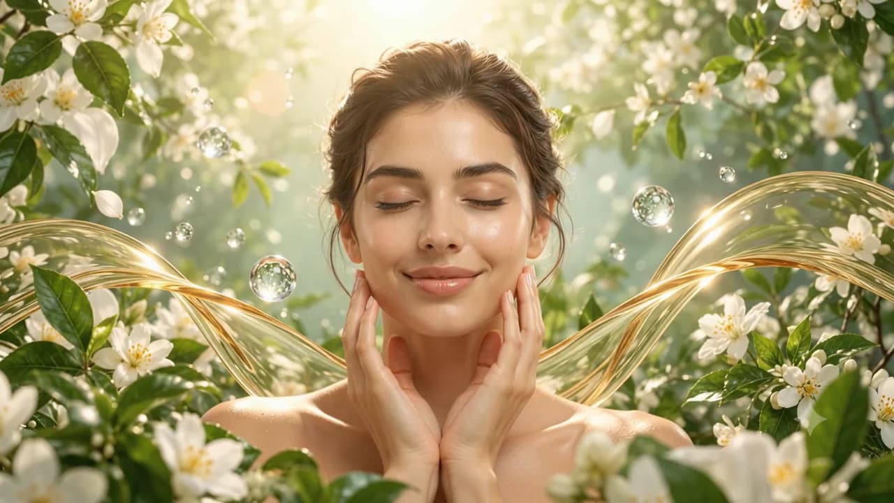 A woman with eyes closed and hands at her jaw, framed by white blossoms and ribbons of golden serum — a still from the INTRONOVA film